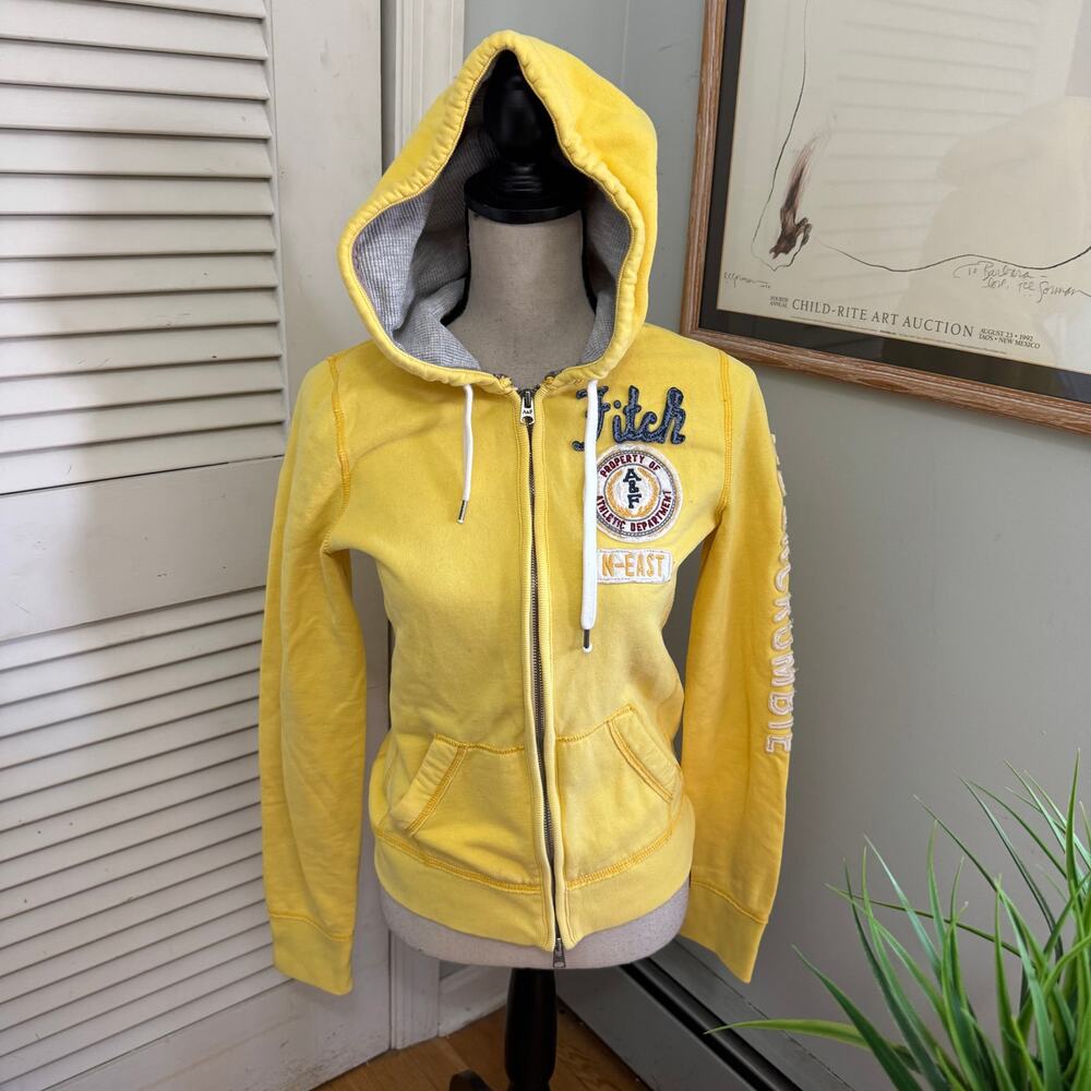 Abercrombie & Fitch Hoodie Womens Medium Yellow Raised Logo Spellout Sleeve Y2K